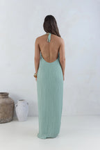 Green Fashion Halter Tie V Neck Backless Pleated Floor-Length Dress Straight Tube Sleeveless Solid Color Prom Dress