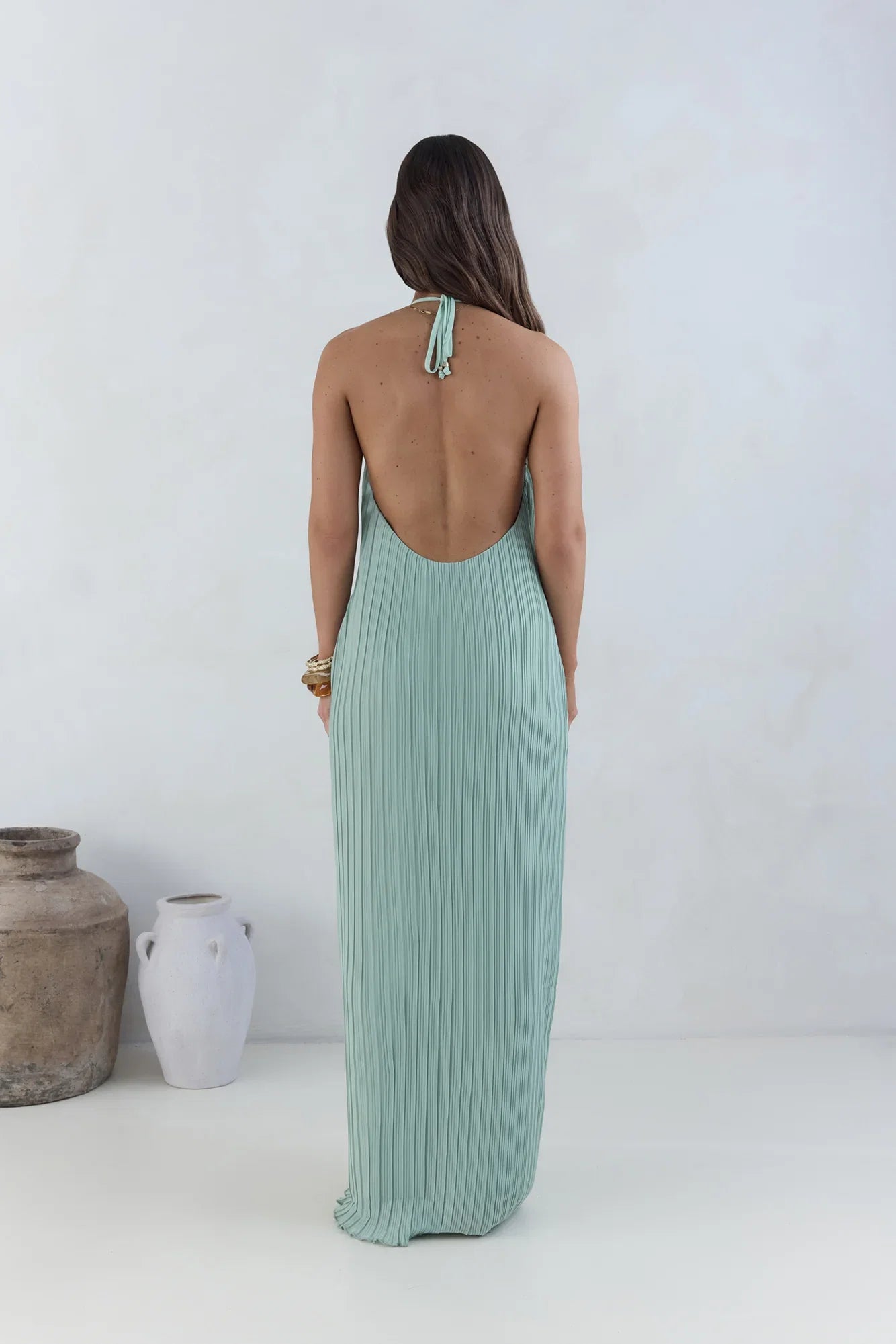 Green Fashion Halter Tie V Neck Backless Pleated Floor-Length Dress Straight Tube Sleeveless Solid Color Prom Dress