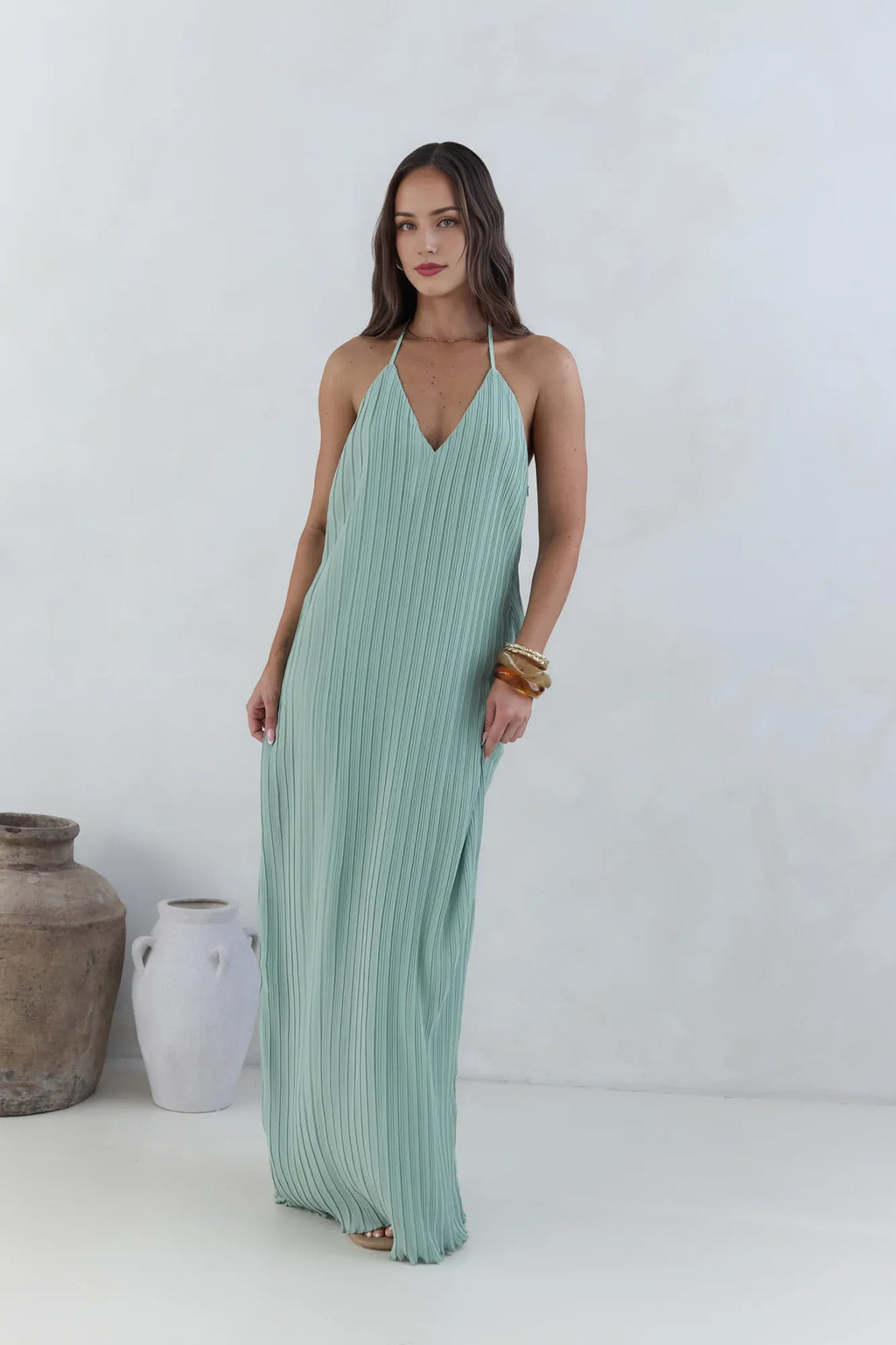 Green Fashion Halter Tie V Neck Backless Pleated Floor-Length Dress Straight Tube Sleeveless Solid Color Prom Dress