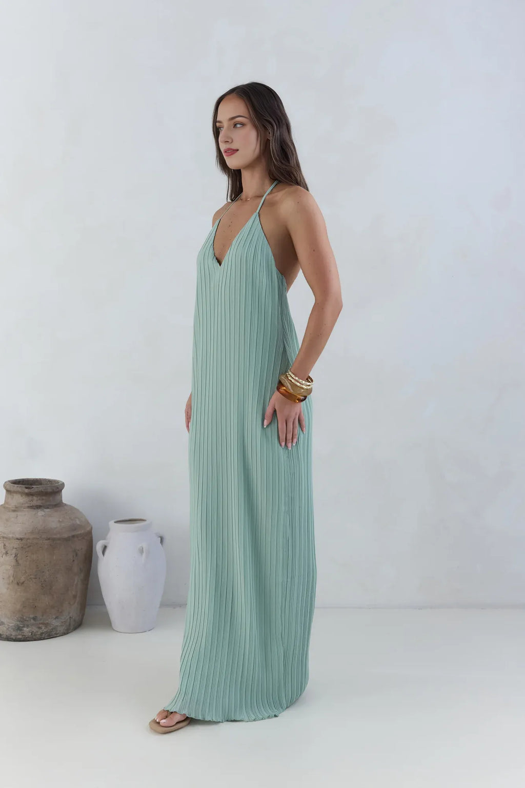 Green Fashion Halter Tie V Neck Backless Pleated Floor-Length Dress Straight Tube Sleeveless Solid Color Prom Dress