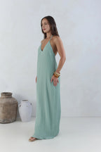Green Fashion Halter Tie V Neck Backless Pleated Floor-Length Dress Straight Tube Sleeveless Solid Color Prom Dress