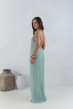 Green Fashion Halter Tie V Neck Backless Pleated Floor-Length Dress Straight Tube Sleeveless Solid Color Prom Dress