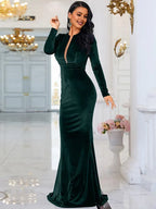 Fashion Mermaid Keyhole Neck Long Sleeve Zipper Up Floor-Length Prom Dress