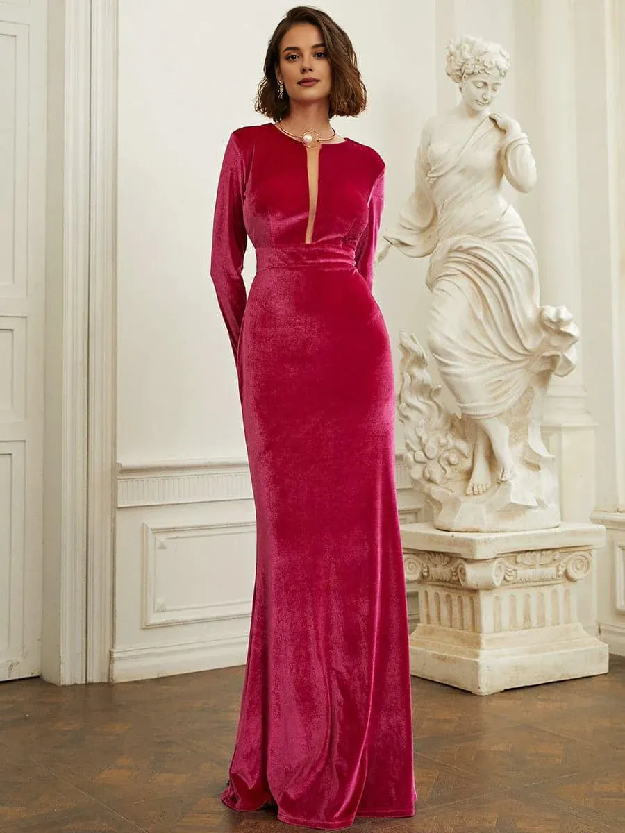 Fashion Mermaid Keyhole Neck Long Sleeve Zipper Up Floor-Length Prom Dress