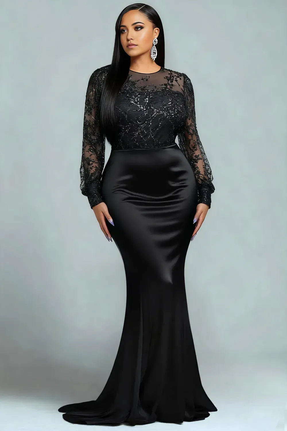 Fashion Mermaid Round Neck Long Sleeve Floor Length Plus Size Prom Dress