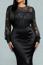 Fashion Mermaid Round Neck Long Sleeve Floor Length Plus Size Prom Dress
