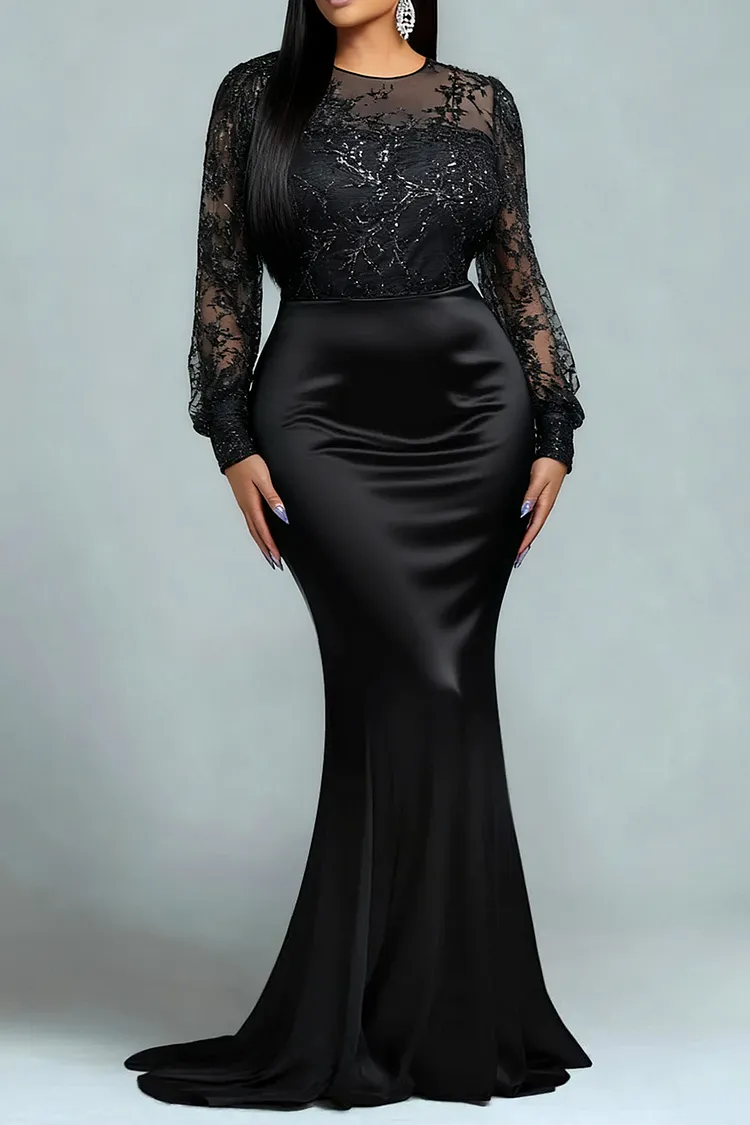 Fashion Mermaid Round Neck Long Sleeve Floor Length Plus Size Prom Dress