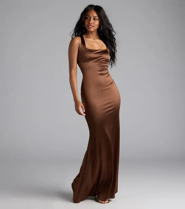 Fashion Mermaid Square Neck Sleeveless Open Back Floor-Length Prom Dress