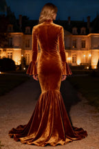 Fashion Mermaid/Trumpet High Neck Flare Sleeves Sweep/Brush Train Winter Prom Dress