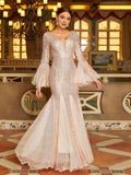 Fashion Mermaid V-neck Long Sleeve Open Back Floor-Length Prom Dress