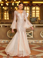 Fashion Mermaid V-neck Long Sleeve Open Back Floor-Length Prom Dress