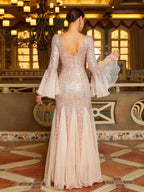 Fashion Mermaid V-neck Long Sleeve Open Back Floor-Length Prom Dress