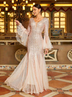Fashion Mermaid V-neck Long Sleeve Open Back Floor-Length Prom Dress