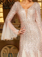 Fashion Mermaid V-neck Long Sleeve Open Back Floor-Length Prom Dress
