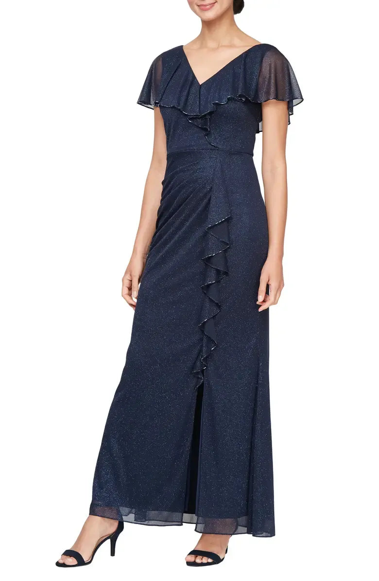 Fashion Mermaid V Neck Capelet Sleeve V Back Floor-Length Mother of the Bride Dress