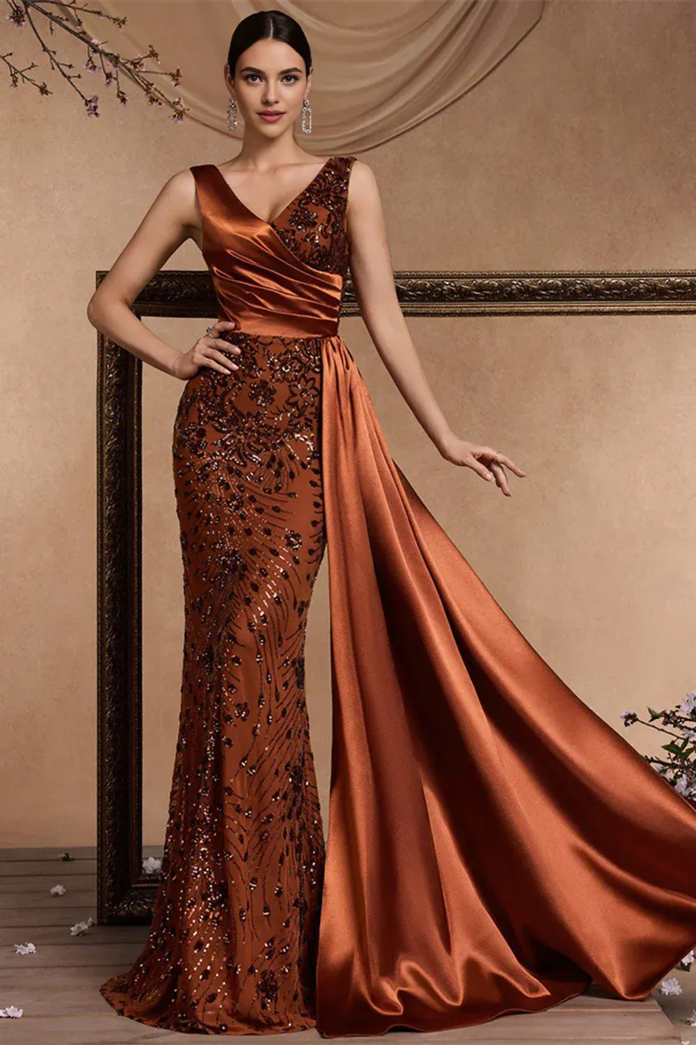 Fashion Mermaid V Neck Sleeveless Appliques Floor-Length Prom Dress