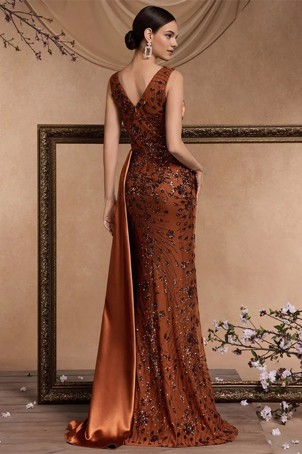 Fashion Mermaid V Neck Sleeveless Appliques Floor-Length Prom Dress