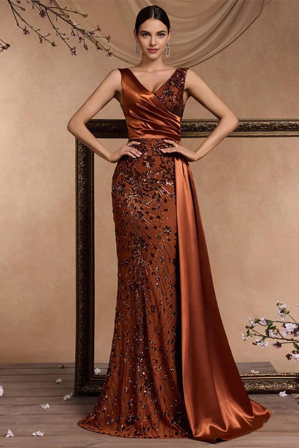 Fashion Mermaid V Neck Sleeveless Appliques Floor-Length Prom Dress