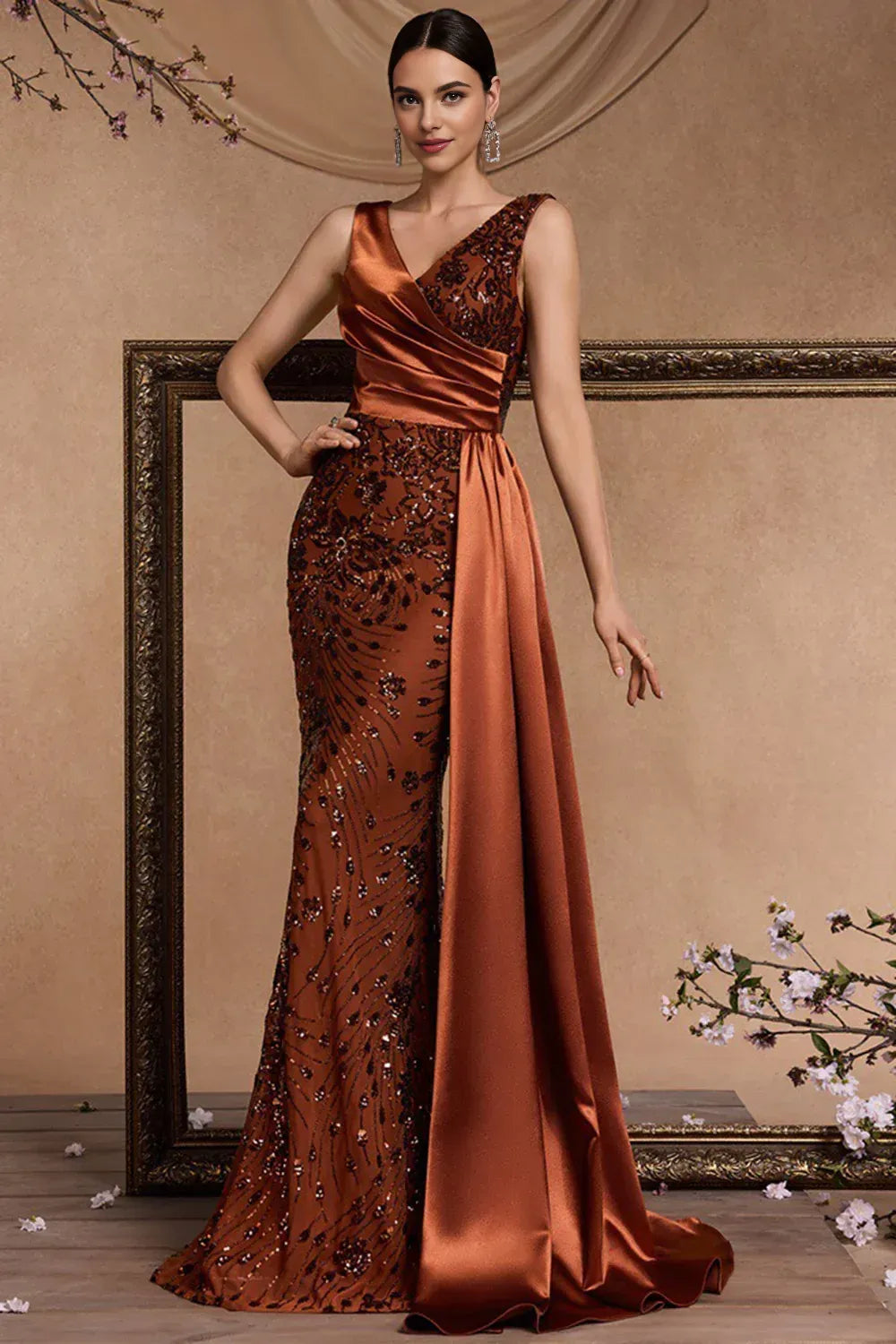 Fashion Mermaid V Neck Sleeveless Appliques Floor-Length Prom Dress