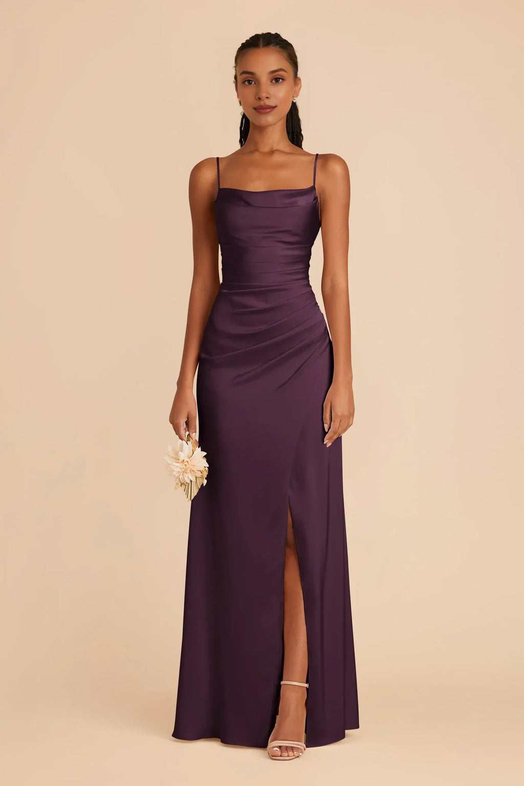 Fashion Plum Spaghetti Straps Pleated Satin Maxi Bridesmaid Dress