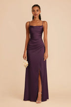 Fashion Plum Spaghetti Straps Pleated Satin Maxi Bridesmaid Dress