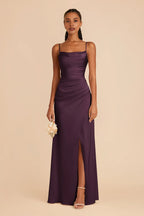 Fashion Plum Spaghetti Straps Pleated Satin Maxi Bridesmaid Dress