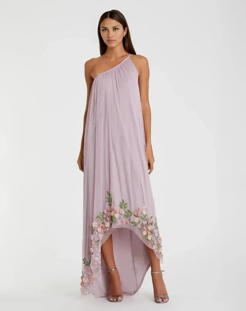 Purple Dress Fashion One Shoulder Embellished Trapeze Maxi Dress Evening Dress A-Line Sleeveless Asymmetrical Neck Prom Dress