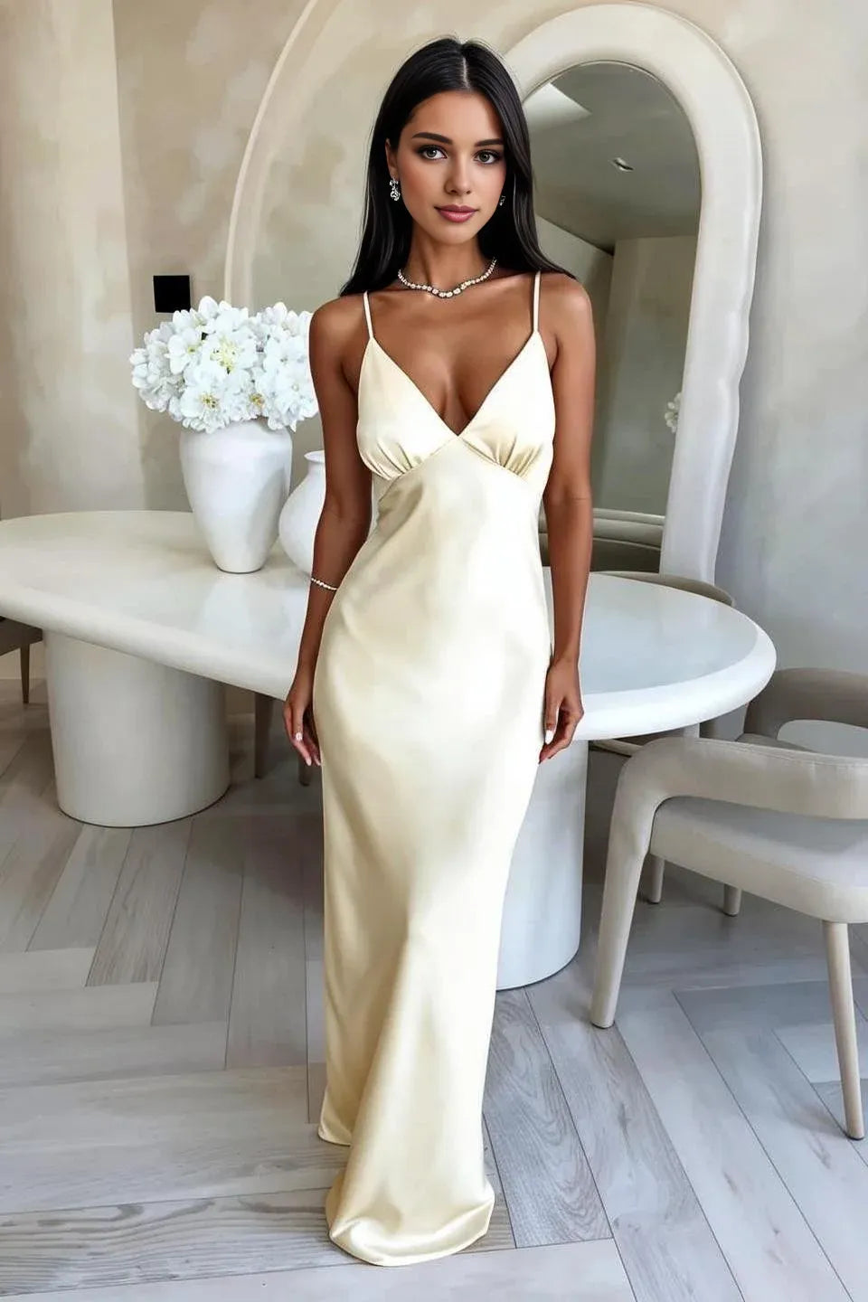 Fashion Sheath/Column V-Neck Sleeveless Floor-Length Prom Dress