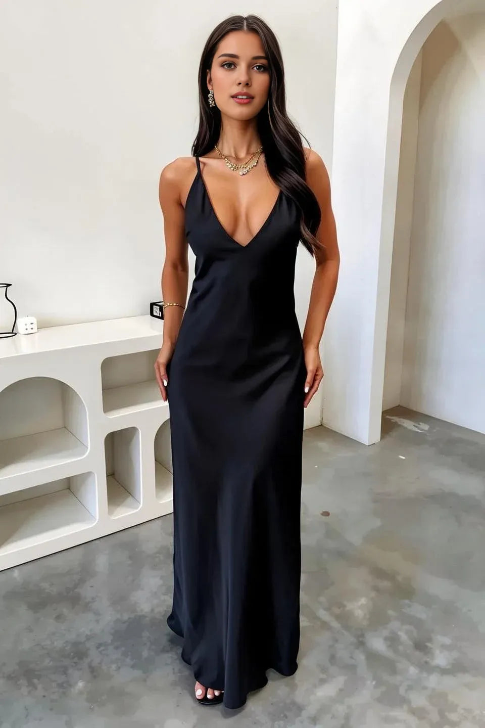 Fashion Sheath/Column V-Neck Sleeveless Floor-Length Prom Dress