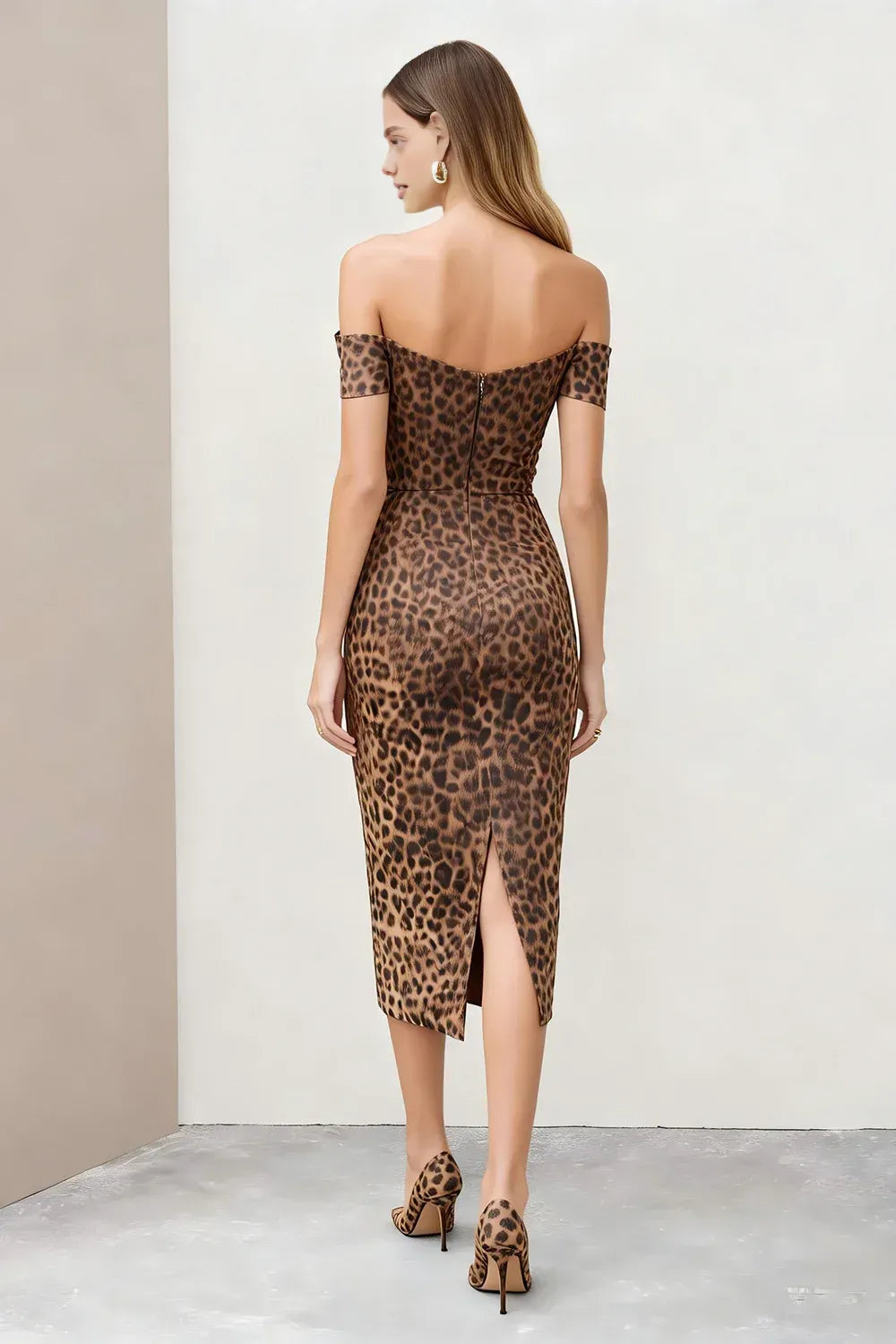 Fashion Sheath Off the Shoulder Short Sleeve Leopard Print Tea-Length Prom Dress