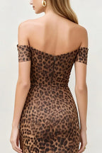 Fashion Sheath Off the Shoulder Short Sleeve Leopard Print Tea-Length Prom Dress
