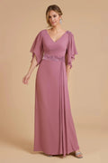 Fashion Sheath V-Neck Flutter Sleeve Zipper Up Floor-Length Mother of the Bride Dress