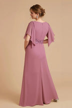 Fashion Sheath V-Neck Flutter Sleeve Zipper Up Floor-Length Mother of the Bride Dress