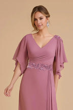 Fashion Sheath V-Neck Flutter Sleeve Zipper Up Floor-Length Mother of the Bride Dress