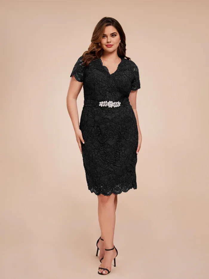 Fashion Sheath V-neck Short Sleeves Knee-Length Plus Size Mother of the Bride Dress