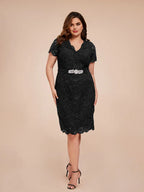 Fashion Sheath V-neck Short Sleeves Knee-Length Plus Size Mother of the Bride Dress