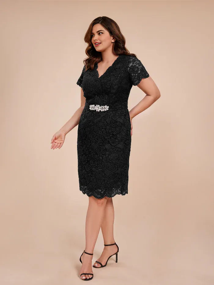 Fashion Sheath V-neck Short Sleeves Knee-Length Plus Size Mother of the Bride Dress