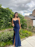 Fashion Spaghetti Straps Sleeveless Mermaid Slit Long Prom Dress