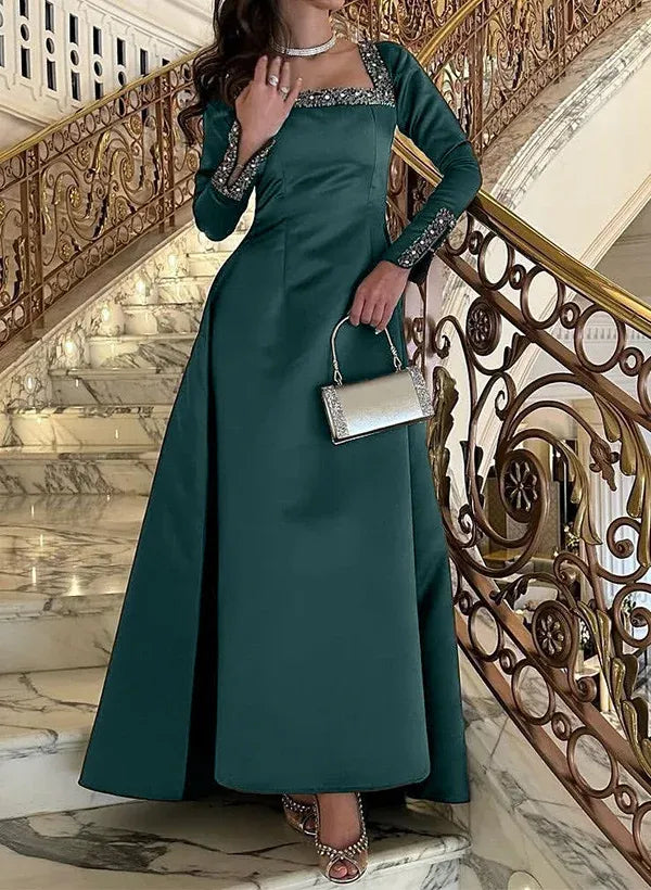 Fashion Square Neck Long Sleeves A-Line Pleated Floor-Length Evening Dress
