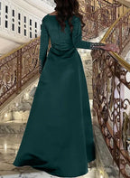 Fashion Square Neck Long Sleeves A-Line Pleated Floor-Length Evening Dress