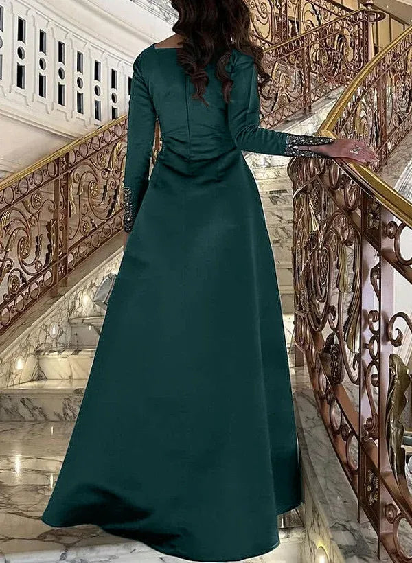 Fashion Square Neck Long Sleeves A-Line Pleated Floor-Length Evening Dress