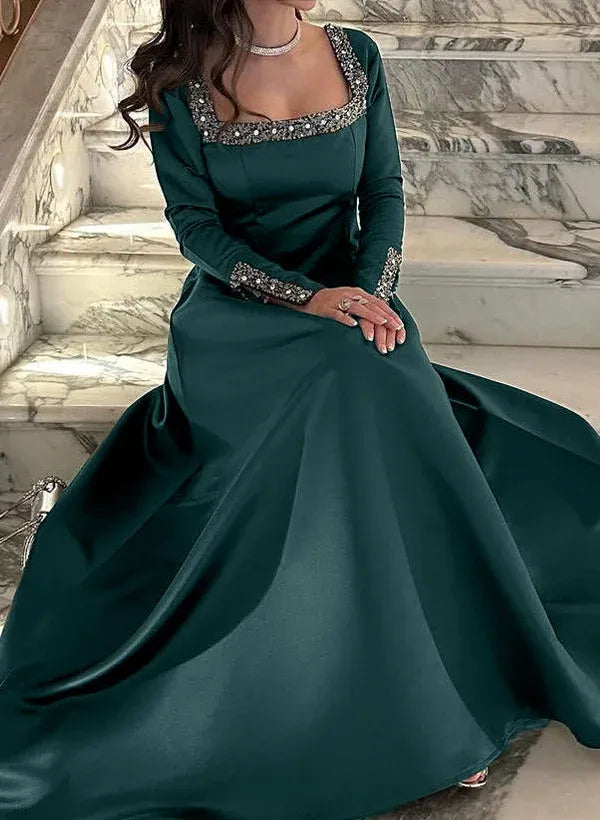 Fashion Square Neck Long Sleeves A-Line Pleated Floor-Length Evening Dress