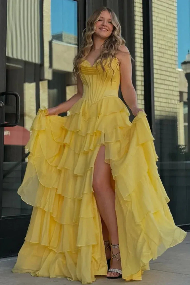 Fashion Strapless Sleeveless A-Line Tiered Split Long Prom Dress