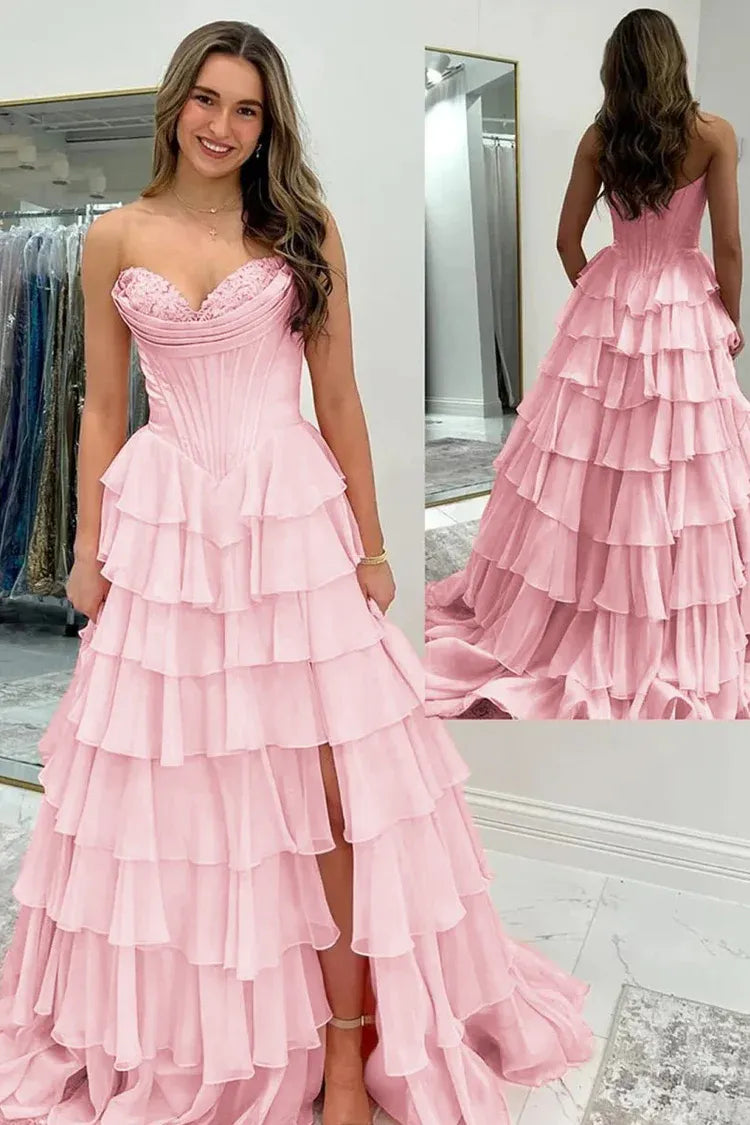 Fashion Strapless Sleeveless A-Line Tiered Split Long Prom Dress