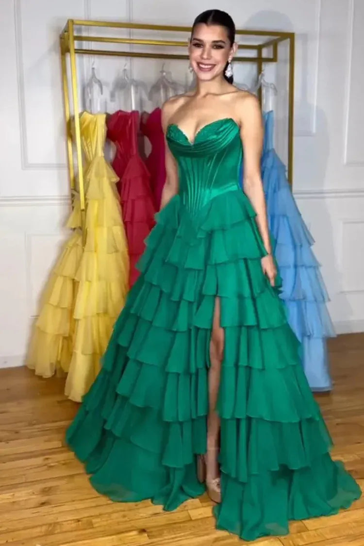 Fashion Strapless Sleeveless A-Line Tiered Split Long Prom Dress