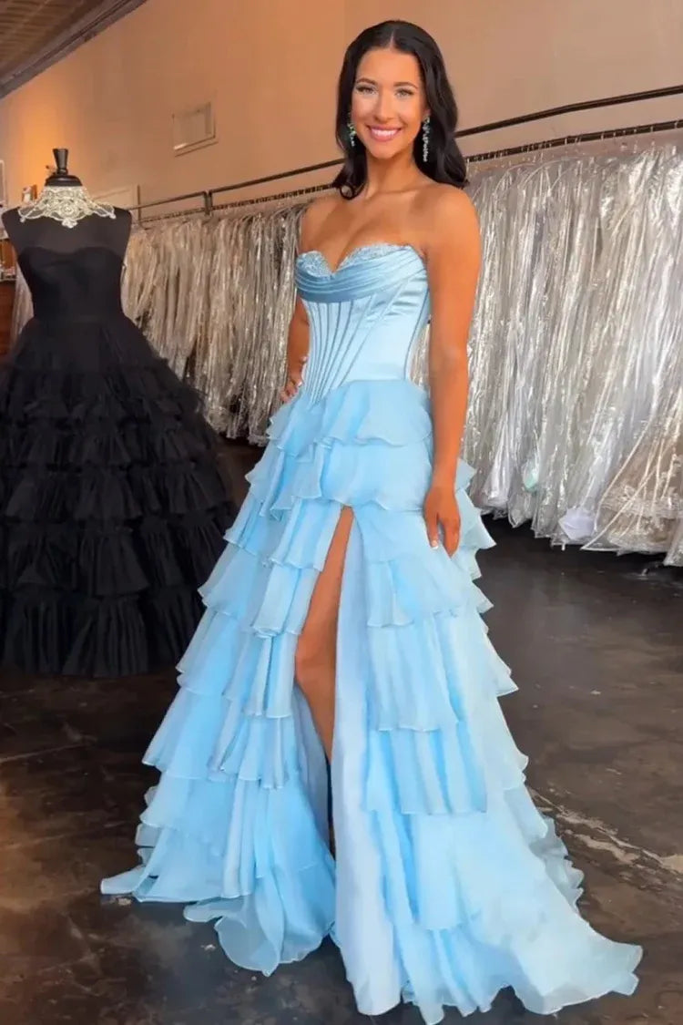 Fashion Strapless Sleeveless A-Line Tiered Split Long Prom Dress