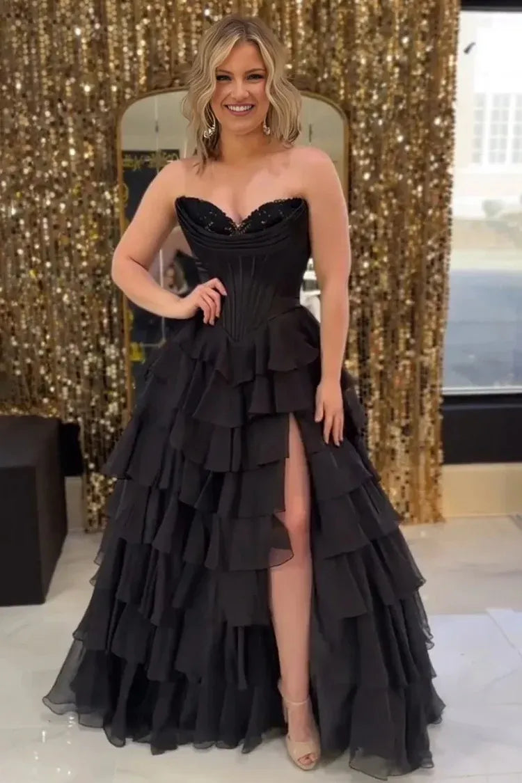 Fashion Strapless Sleeveless A-Line Tiered Split Long Prom Dress