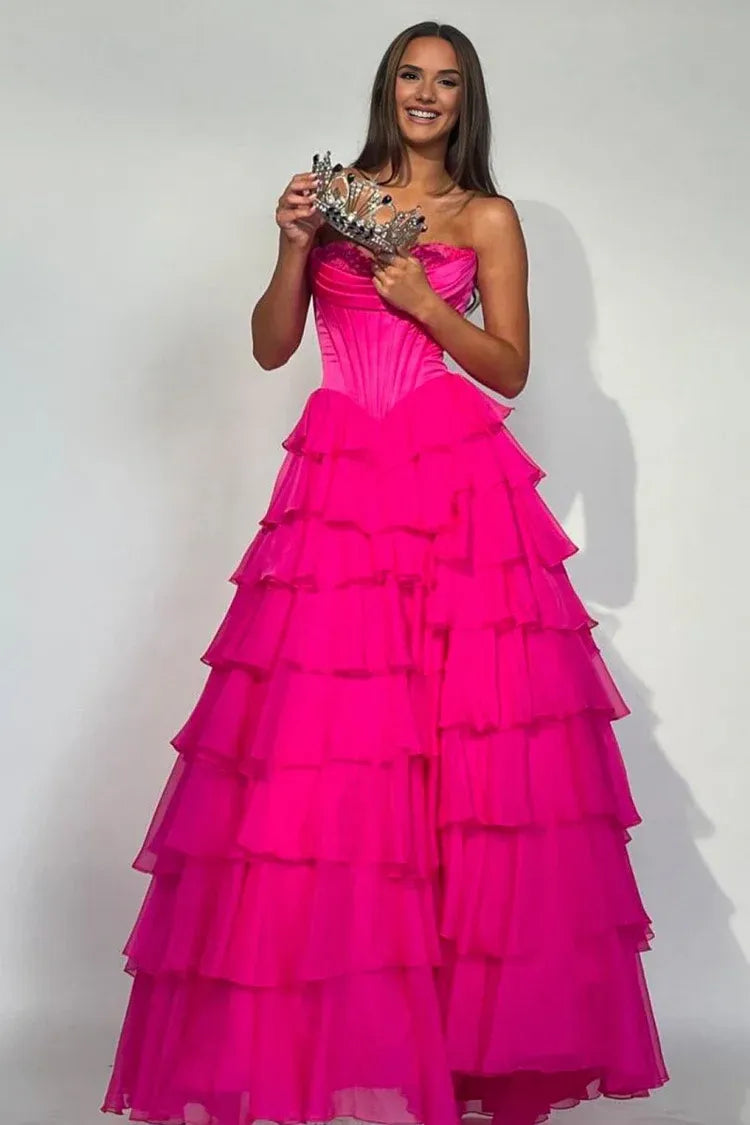 Fashion Strapless Sleeveless A-Line Tiered Split Long Prom Dress