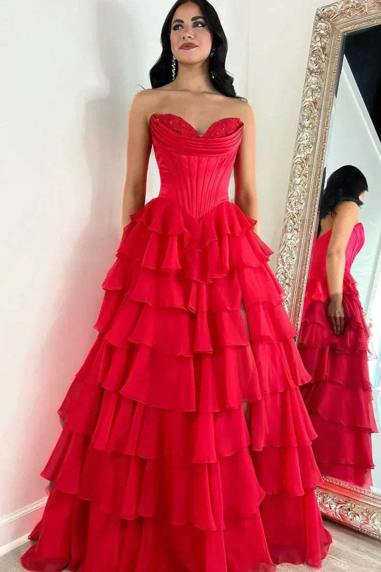 Fashion Strapless Sleeveless A-Line Tiered Split Long Prom Dress
