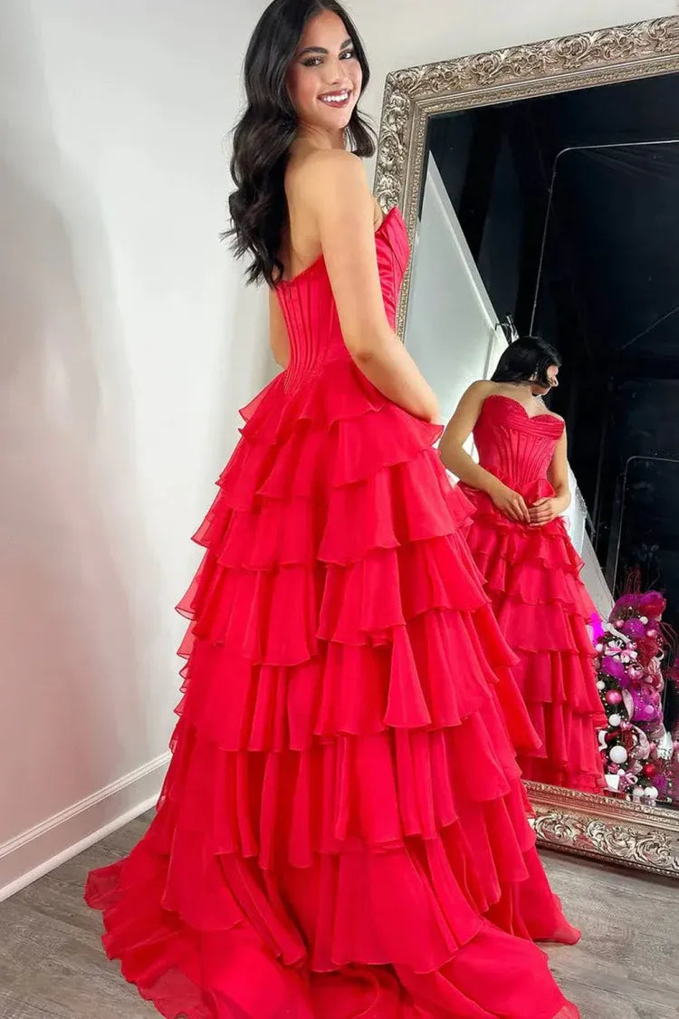 Fashion Strapless Sleeveless A-Line Tiered Split Long Prom Dress